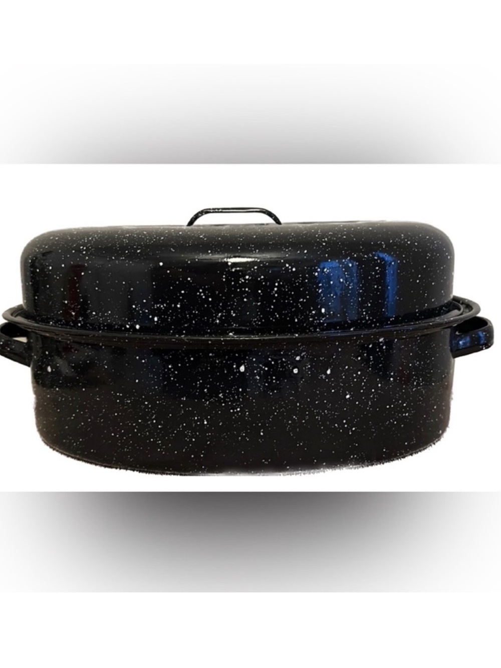 Vintage Granite/Earthware Large 18" Dark Blue Speckled Roaster With Lid